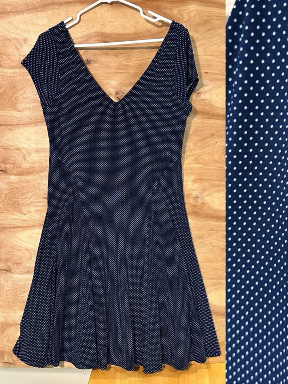 Lauren Ralph Lauren Dress Womens M Blue Polka Dot  V Neck Knit Stretch Pullover